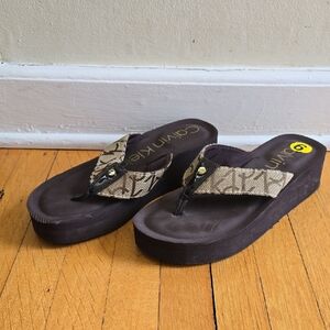 Calvin Klein, Monogram Wedge Flip Flop Sandals, Brown, VGUC, Women's 9
